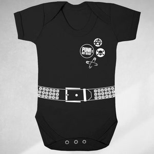 punk print baby grow, bodysuit, baby outfit with punk pins and belt print