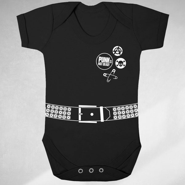 punk print baby grow, bodysuit, baby outfit with punk pins and belt print
