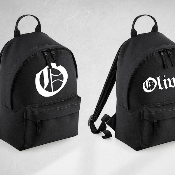Goth alternative name or initial backpack in toddler, kids and adult sizes with old english text.