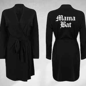 Mama bat print robe with gothic old english typography on back
