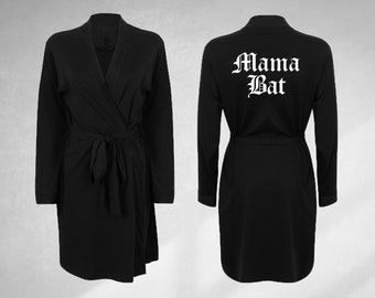 Mama bat print robe with gothic old english typography on back
