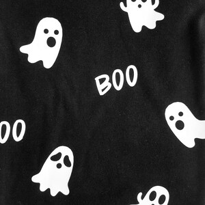 May include: Black bodysuit with a white ghost and "BOO" print.