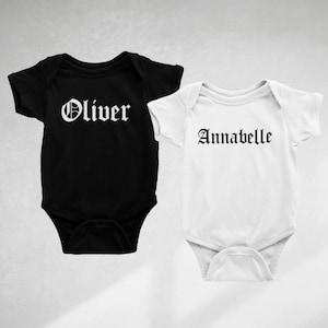 personalised custom name baby onesie gothic name typography, unisex girl boy