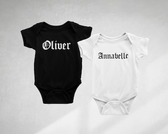 personalised custom name baby onesie gothic name typography, unisex girl boy