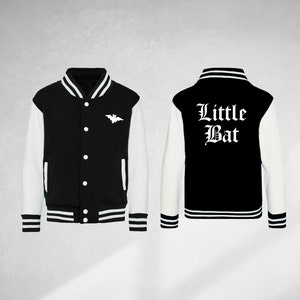 Little Bat goth kids varsity jacket with gothic typography