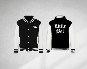 Little Bat goth kids varsity jacket with gothic typography