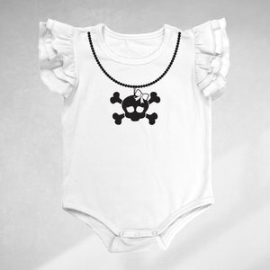 Girly skull necklace print babygrow, white or pink with frilly sleeves. sizes 0-24 months