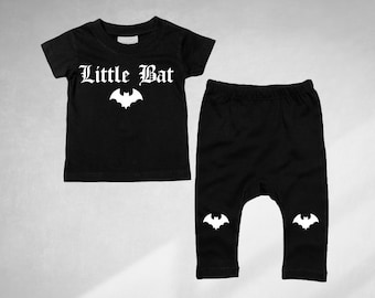 Pequeño atuendo a juego de murciélago para bebé o niño pequeño, traje de bebé gótico, camiseta alternativa para niños pequeños y legging