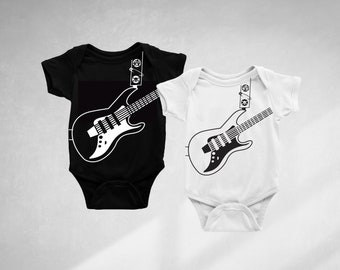 electric guitar print babygrow, bodysuit, baby vest with punk pins