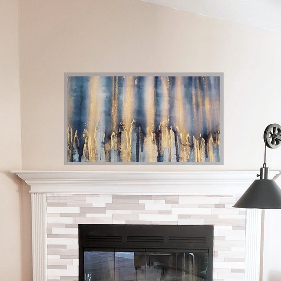 Samsung Frame Tv Art Blue Gold Abstract Painting Modern Art Etsy