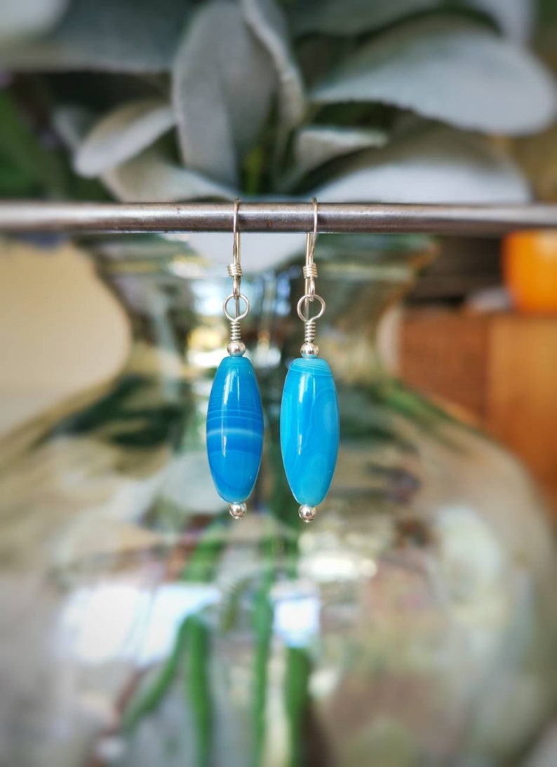Blue Striped Agate Blue Sky Earrings Sterling Silver Blue Agate Earrings Agate Beads Summer Earrings Agate Earrings Rice Beads