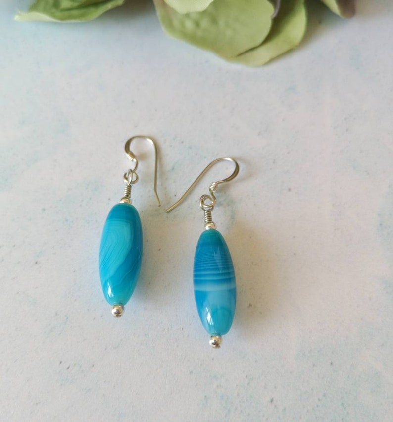Blue Striped Agate Blue Sky Earrings Sterling Silver Blue Agate Earrings Agate Beads Summer Earrings Agate Earrings Rice Beads