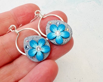 Blue Flower Earrings, Handmade Floral Earrings for Women, Birthday Gift for Florist, Valentines Gift for Flower Lovers, Dangle Earrings Boho