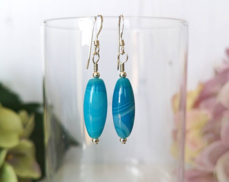 Blue Striped Agate Blue Sky Earrings Sterling Silver Blue Agate Earrings Agate Beads Summer Earrings Agate Earrings Rice Beads
