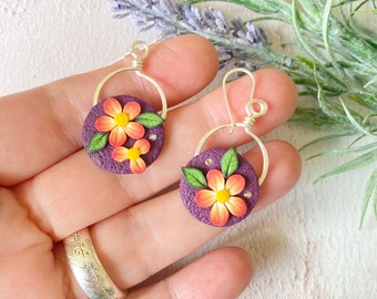 Purple Flower Earrings, Handmade Floral Earrings for Her, Birthday Gift for Florist, Gift for Flower Lovers, Boho Flower Earrings for Women