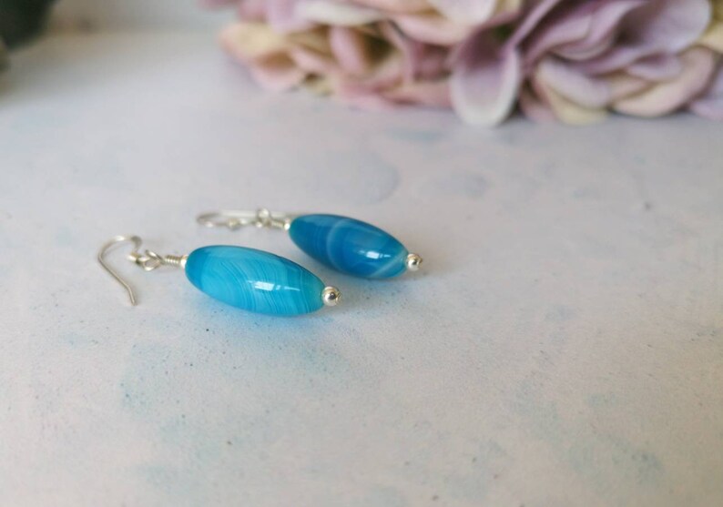 Blue Striped Agate Blue Sky Earrings Sterling Silver Blue Agate Earrings Agate Beads Summer Earrings Agate Earrings Rice Beads