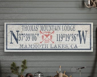Ski Lodge Sign, Ski Lodge Decor, Personalized Coordinates Sign, Family Name Latitude Longitude Rustic Lodge Art Established Date Cabin Decor