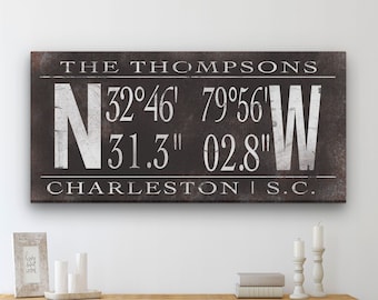 Latitude Longitude Sign Personalized Coordinates Canvas Last Family Name Vintage Address Sign GPS Coordinates Rustic Farmhouse Wall Decor