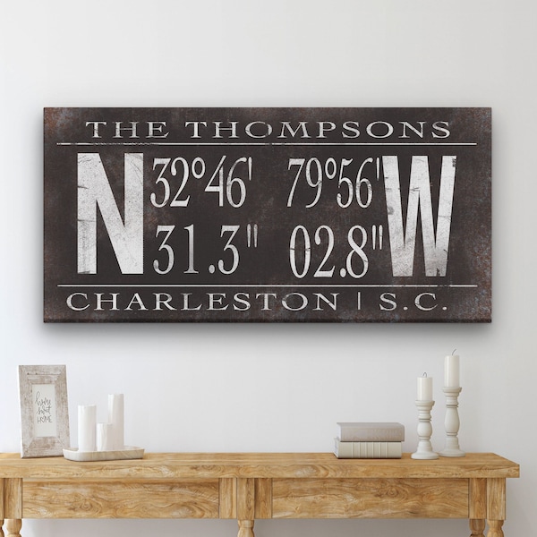 Latitude Longitude Sign Personalized Coordinates Canvas Last Family Name Vintage Address Sign GPS Coordinates Rustic Farmhouse Wall Decor