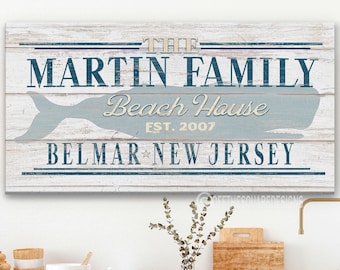 Beach House Family Name Whale Sign, Personalized Beach House Decor, Large & Small Rustic Beach Name Sign, Custom Established Date, Shore