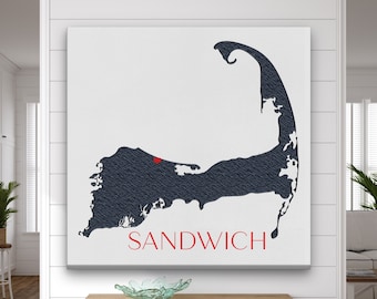 Cape Cod Canvas Map Sign, Customizable Silhouette Cape Wall Decor, Beach House Decor, Custom Cape Cod Map, Chatham, Falmouth, Hyannis, Ptown