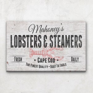 Seafood Sign, Personalized Lobster Restaurant Sign, Seafood Market Kitchen Sign, Beach Decor, Coastal Fresh Lobster Steamers Canvas Sign