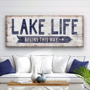 Lake Life Arrow Sign Personalized Farmhouse Coastal Lake Directional Arrow Wall Decor Large Rustic Canvas Print Vintage Home Cottage