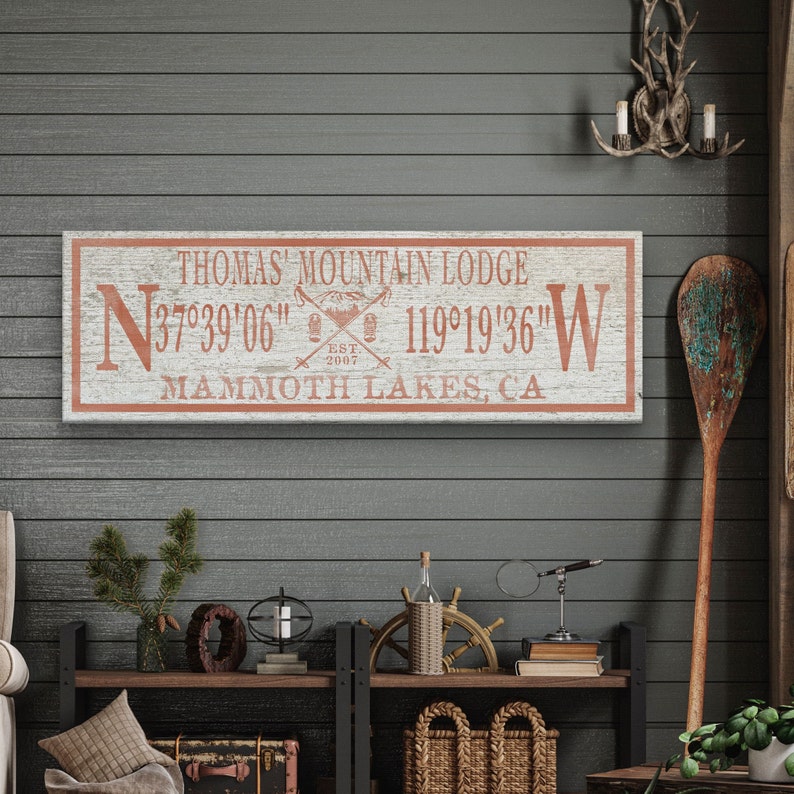 Lodge Lettering Ski Lodge Sign, Ski Lodge Decor, Personalized Coordinates Sign, Family ...