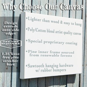 May include: White canvas with text that reads "Why Choose Our Canvas" and lists the features of the canvas: "Lighter than wood & easy to hang", "Poly/Cotton blend artist quality canvas", "Special proprietary coating", "Pine inner frame sourced from renewable forests", and "Sawtooth hanging hardware w/ rubber bumpers".