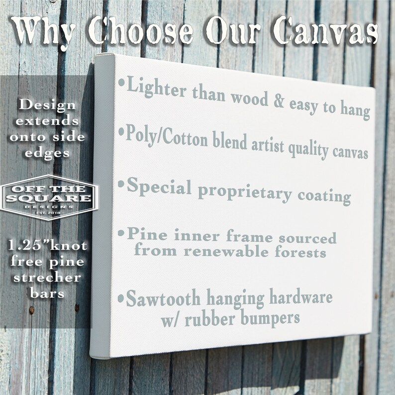 May include: White canvas with text that reads "Why Choose Our Canvas" and lists the features of the canvas: "Lighter than wood & easy to hang", "Poly/Cotton blend artist quality canvas", "Special proprietary coating", "Pine inner frame sourced from renewable forests", and "Sawtooth hanging hardware w/ rubber bumpers".