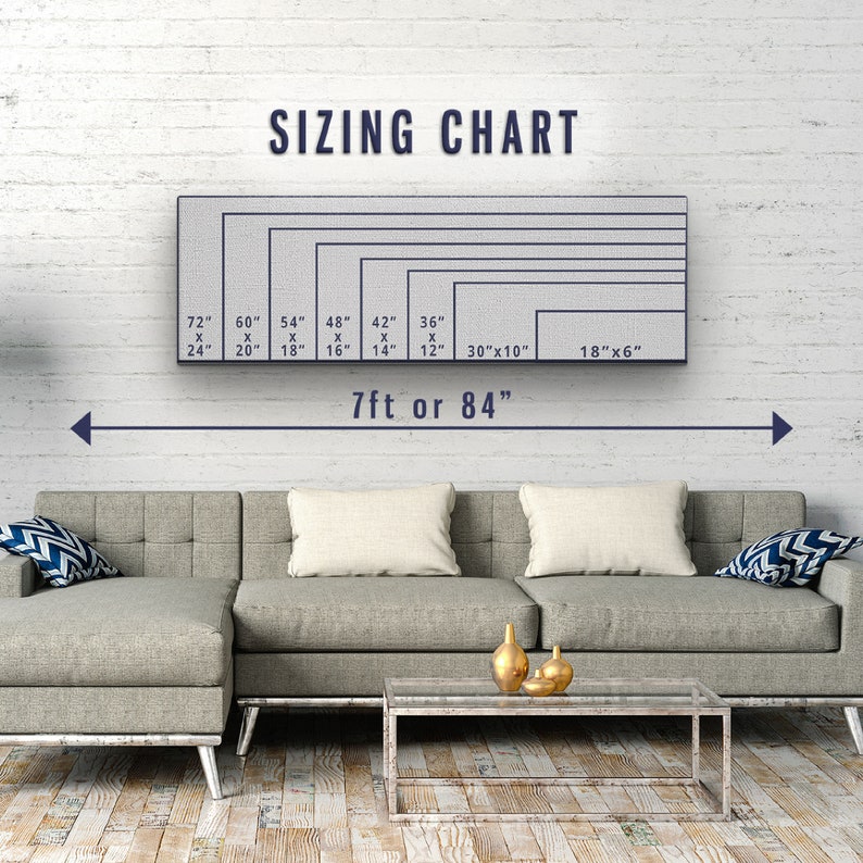 May include: Sizing chart for canvas prints, showing different sizes in inches. The chart shows sizes ranging from 18" x 6" to 72" x 24". The chart also includes the measurement 7ft or 84" for the longest size.