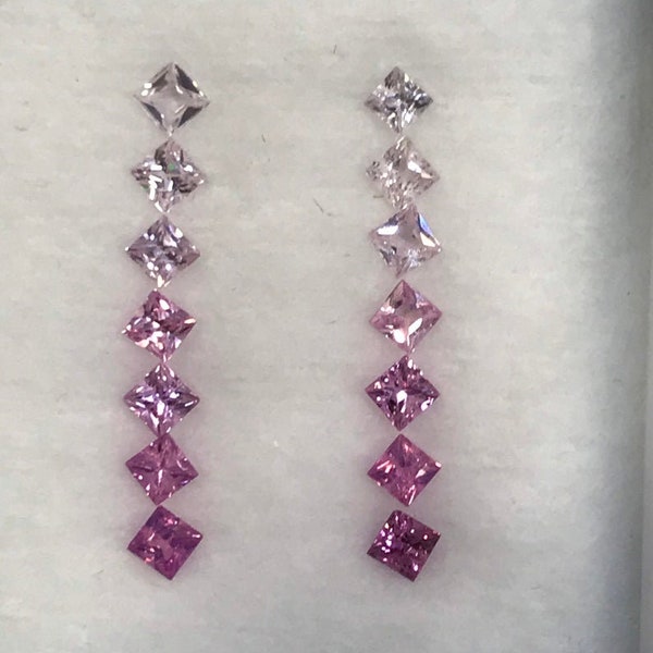 2.3mm Fancy Pink Sapphires Light to dark Pink Square Princes cut Earring Set 14 Stone