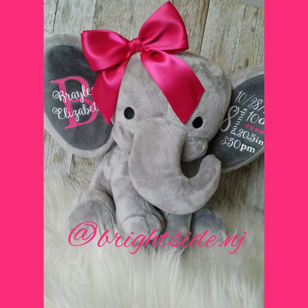 Personalized Elephant - Customizable - Shower Gift - Gender Reveal -Name - Quote - Birth Stats - Plush - Stuffed Animal - Grey