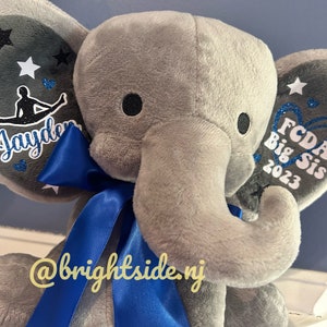 May include: A gray plush elephant with a blue ribbon and text on its ears. One ear has the name "Jayden" and a gymnast silhouette. The other ear reads "FCDA Big Sis 2023". The elephant has black eyes and is decorated with stars.