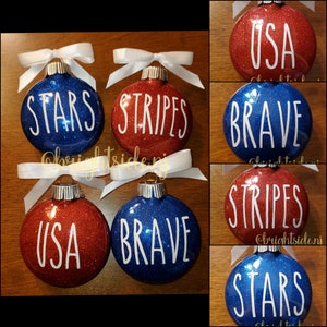 Patriotic Ornaments - Set of 4 - Stars Stripes Brave USA Tree - Red White Blue - Farmhouse Home Decor Memorial Day July 4th