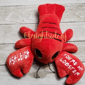 K&ouml;nnte beinhalten: Rotes Pl&uuml;sch-Hummer-Spielzeug mit Glitz Augen und dem Text "You're my lobster" und "Ashleigh" auf den Scheren.