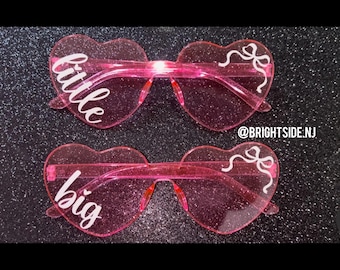 Big Little Heart Shaped Sunnies - Glasses Set of 2 - Bow Script Coquette rimless sorority dance cheer team gift sisters