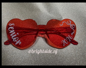 Senior 2027 - Bow Coquette - 1 Heart Shaped Sunnies - bulk - rimless retro sorority dance cheer big little team gift bachelorette bride 2026