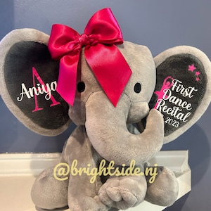 May include: A gray plush elephant with a pink bow, personalized with the name "Aniya" on one ear and "First Dance Recital 2023" on the other ear.