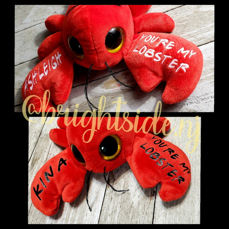 K&ouml;nnte beinhalten: Zwei rote Pl&uuml;sch-Hummer-Spielzeuge mit Glitz Augen. Ein Hummer hat den Text "You're my lobster" auf einer Kralle und "Ashleigh" auf der anderen Kralle. Der andere Hummer hat den Text "You're my lobster" auf einer Kralle und "Kina" auf der anderen Kralle.