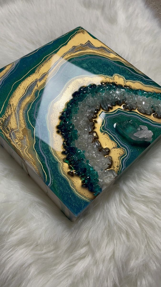 Teal & Quartz Wall Art, Quartz, Crystals, Resin Art, Mini Wall Art