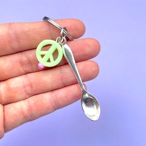 Spoon Keyring | cute & quirky good luck mini spoon keychain with pastel mint peace sign charm