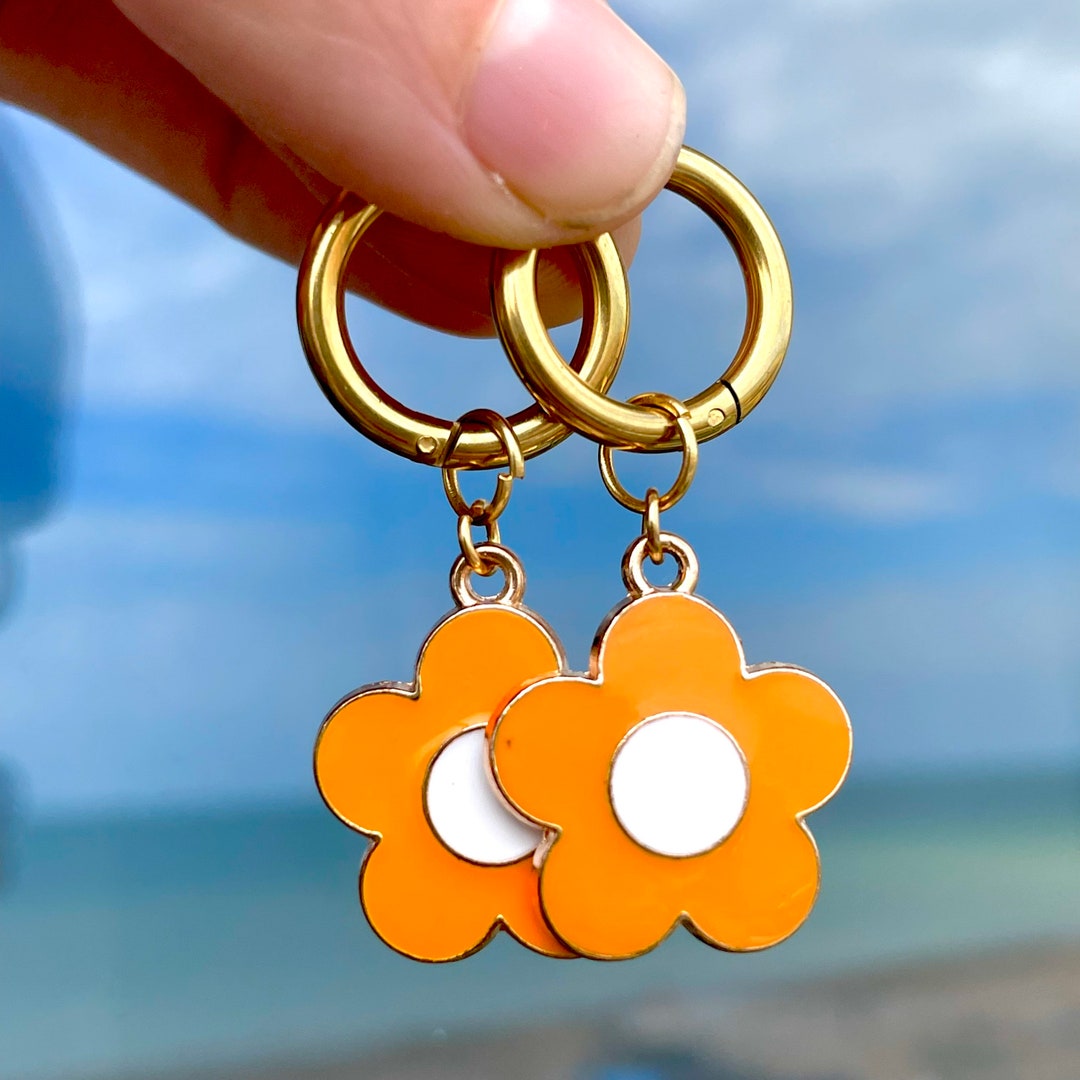 Flower Huggie Hoops, Orange Daisy Charms, Small Gold Hoops, Novelty