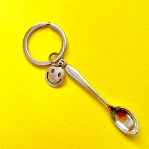 Spoon Keyring | our top seller, cute & quirky good luck mini spoon keychain with smiley face charm, silver spoon keyring