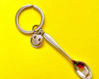 Spoon Keyring | our top seller, cute & quirky good luck mini spoon keychain with smiley face charm, silver spoon keyring