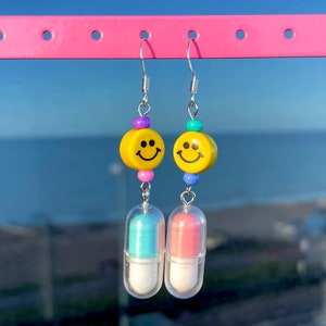 Happy pill odd earrings, weird earrings, mismatched earrings, quirky earrings, dangle and drop