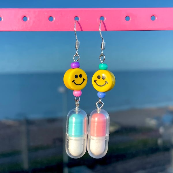 Happy pill odd earrings, weird earrings, mismatched earrings, quirky earrings, dangle and drop