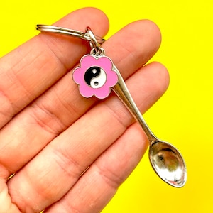 Spoon Keychain: Pink Yin Yang Flower Charm, Good Luck Keyring