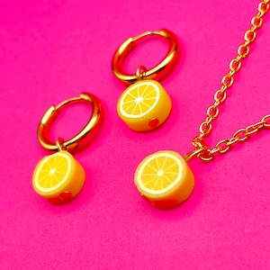 Lemon earrings & matching necklace set | huggie hoops, huggie hoop earrings, lemon earrings, y2k jewellery, y2k necklace, y2k earrings