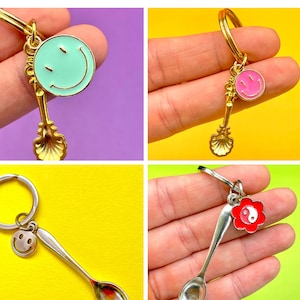 X4 Spoon Keyring Bundle | cute & quirky good luck mini spoon keychain with smiley face charm, silver spoon keyring
